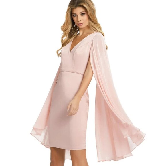 NWT Mac Duggal Pink 55358 Dramatic Cape Flowy Sleeve‎ V-Neck Formal Dress SZ 2 - Picture 2 of 7
